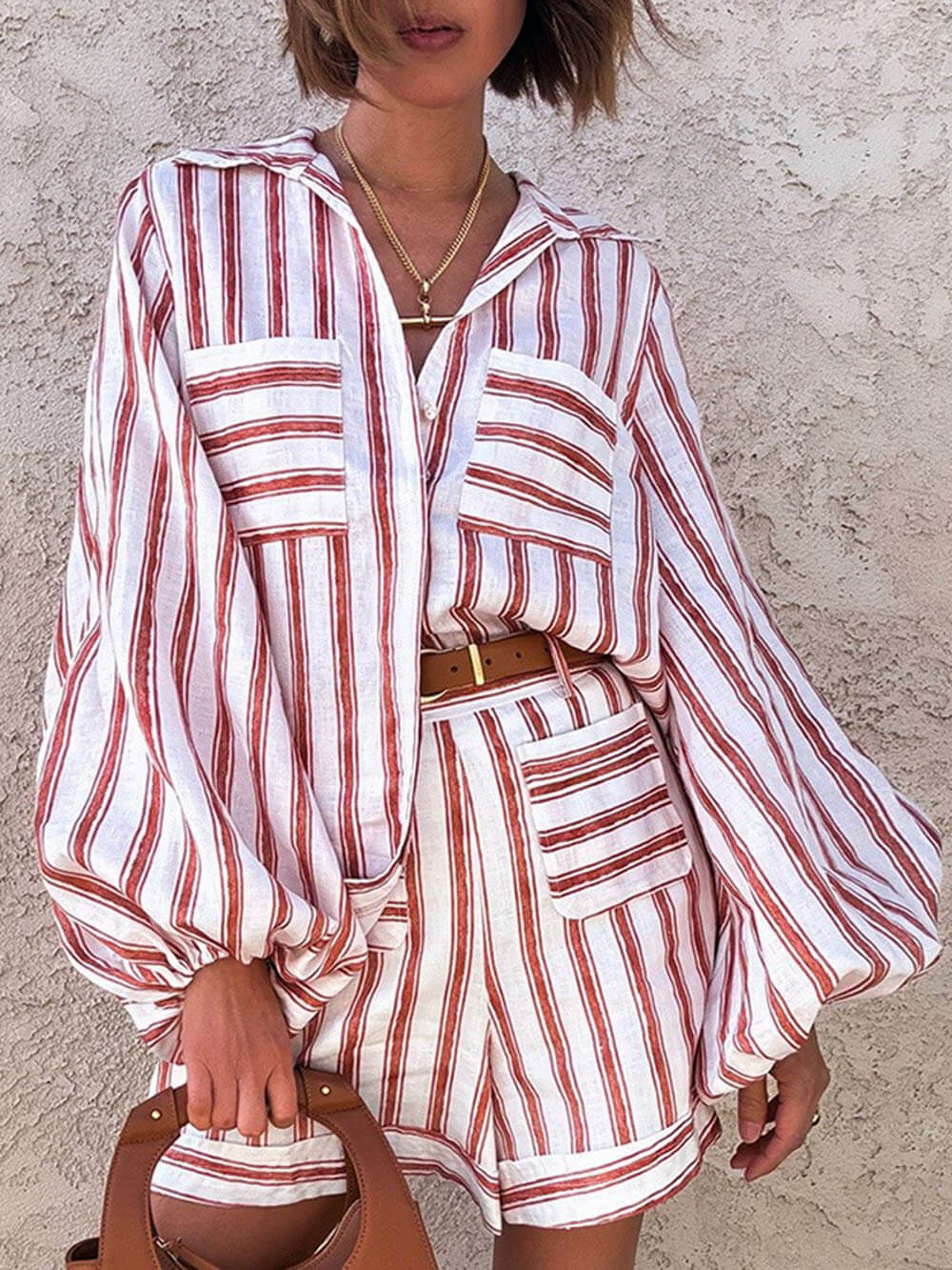 Klassieke Casual Gestreepte Print Losse Shirt En Shorts Set