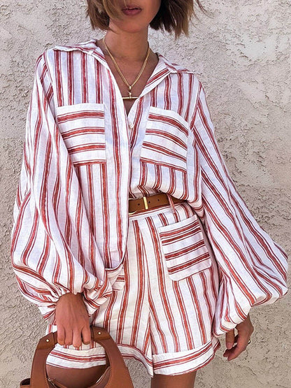 Klassieke Casual Gestreepte Print Losse Shirt En Shorts Set