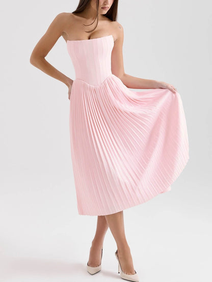 Elegante Strapless Plissé Midi Jurk