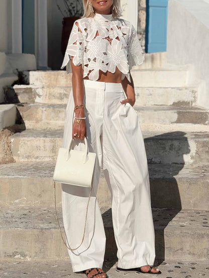 Exquise Bloemenkant Cutwork Crop Top & Wijde Broek Twee-delige Set