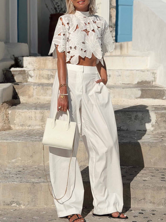 Exquise Bloemenkant Cutwork Crop Top & Wijde Broek Twee-delige Set