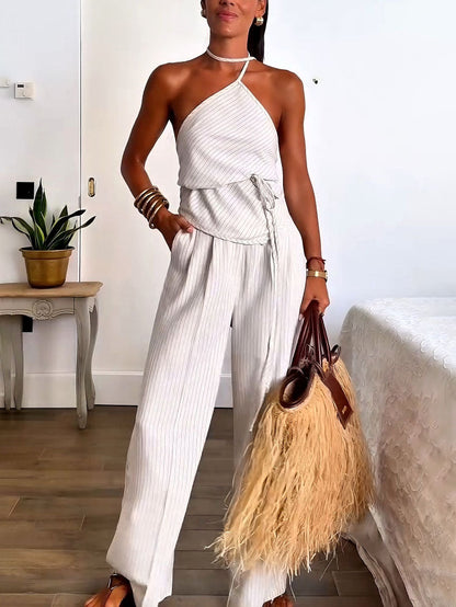 Casual Gestreepte Print Lace-up Tanktop Brede Pantalon Twee-delig Set