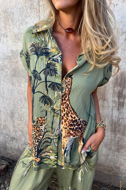 Unieke Jungle Print Elastische Taille Zak Brede Pantalon