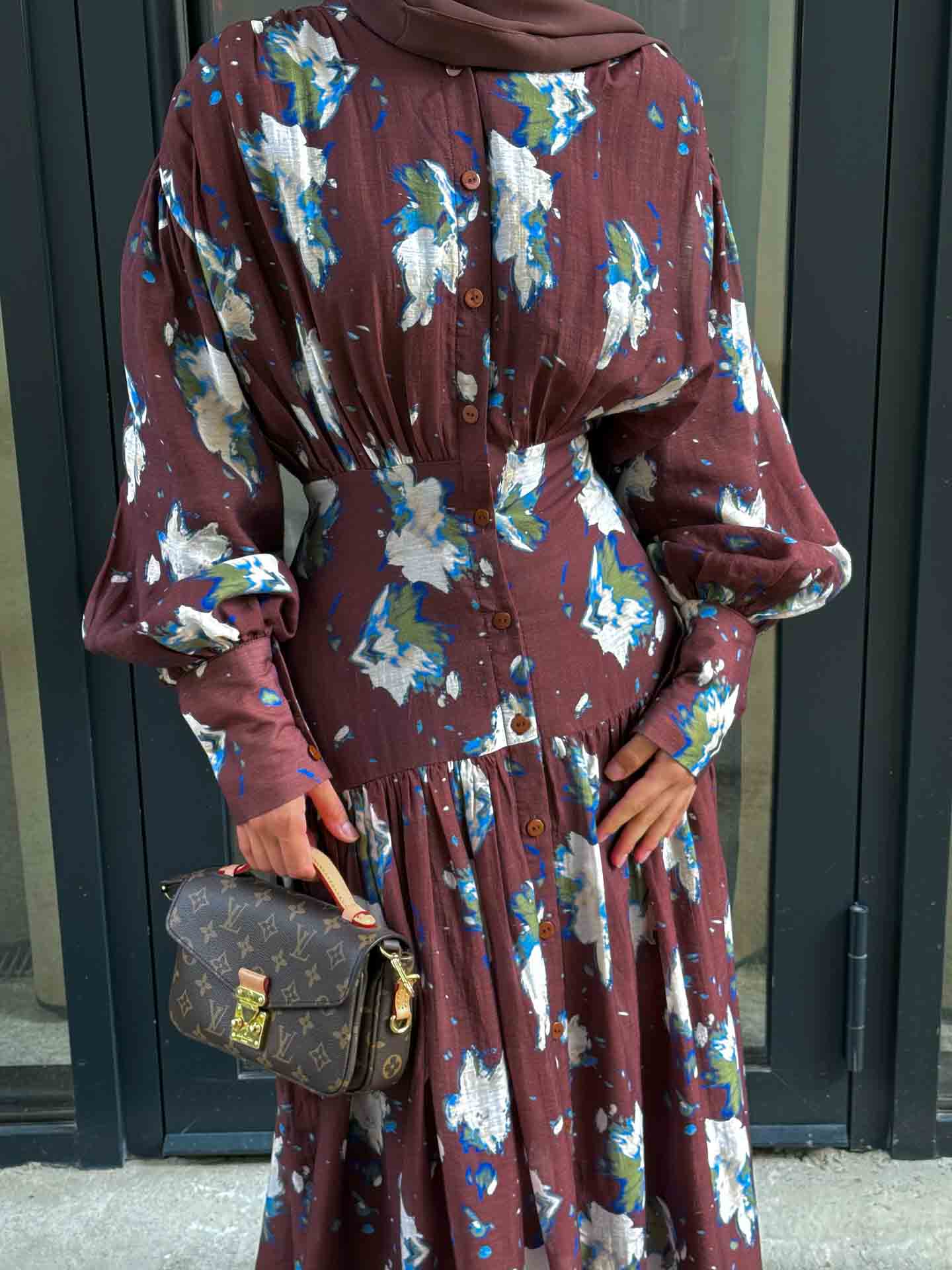 Retro Bloemenprint Plissé Ballon Mouw Maxi Jurk