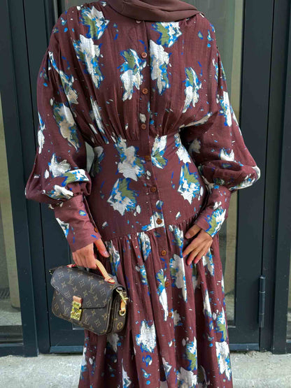 Retro Bloemenprint Plissé Ballon Mouw Maxi Jurk