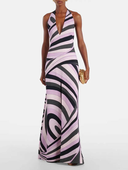 Exquise Satijnen Print Halter Rugloze Maxi Jurk