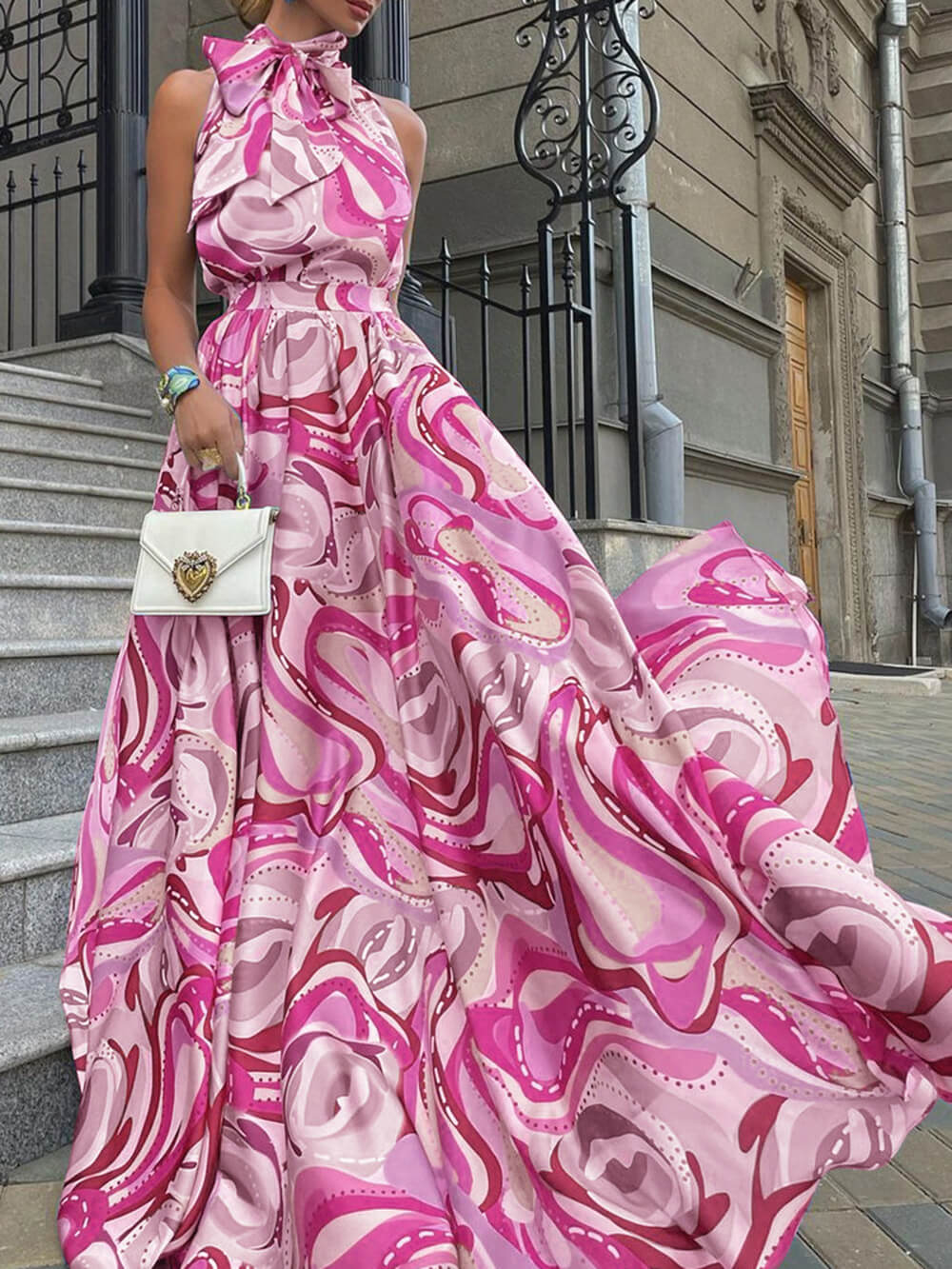 Elegante Franse Hoge Taille Chiffon Gedrukt Maxi Jurk