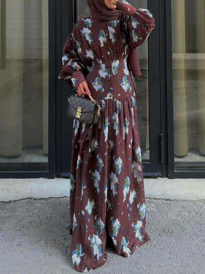 Retro Bloemenprint Plissé Ballon Mouw Maxi Jurk