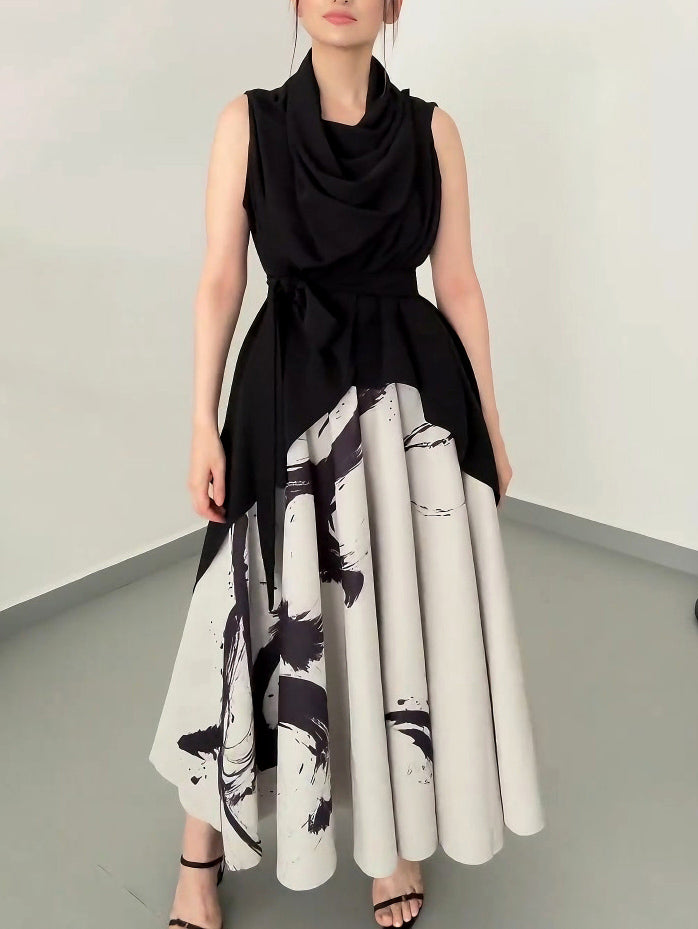 Elegante Abstracte Print Draped Midi Jurk Twee-delige Set