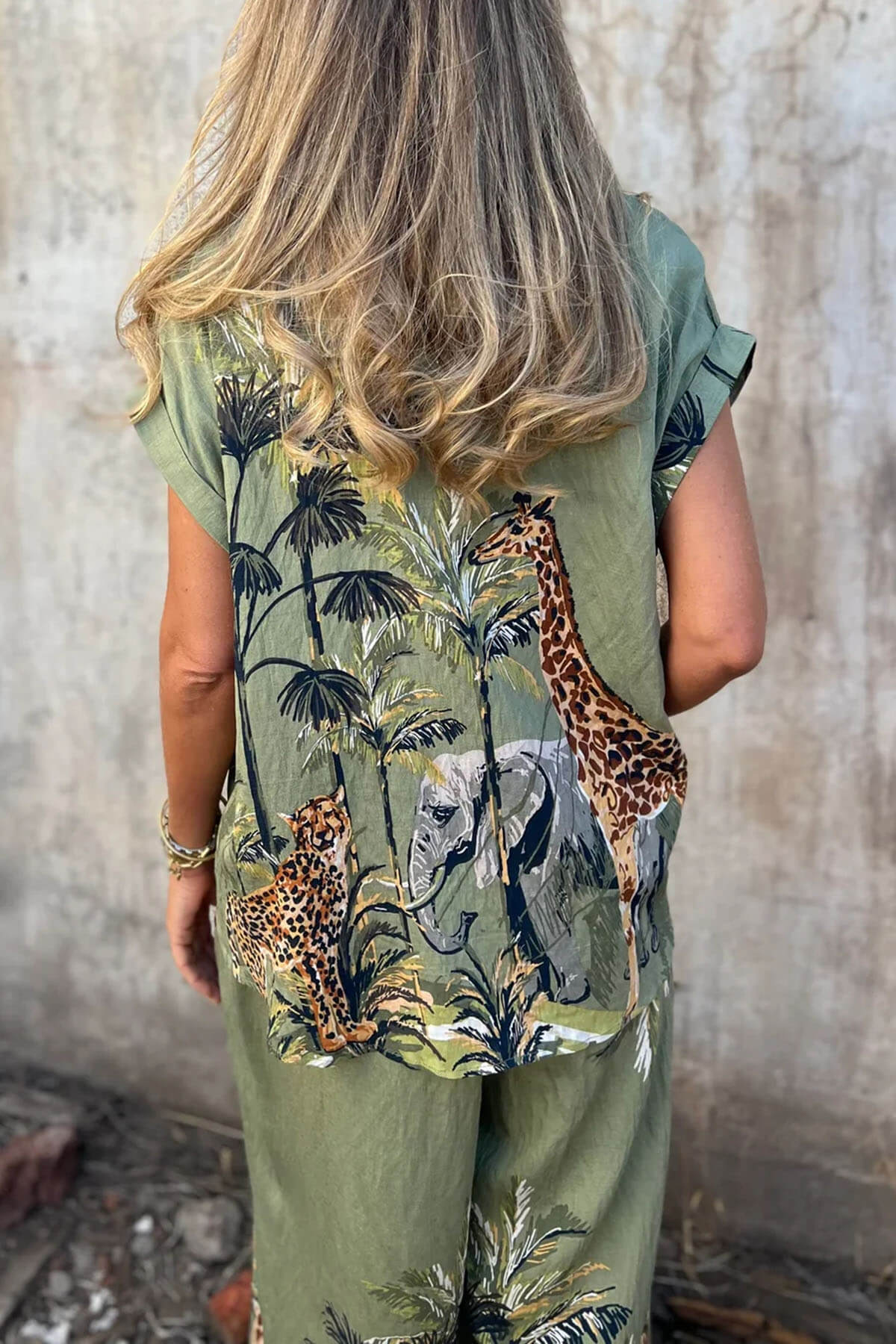 Unieke Jungle Print Elastische Taille Zak Brede Pantalon