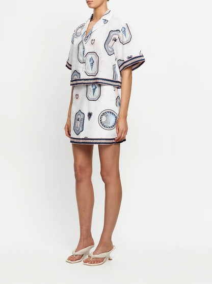 Retro Schelpprint Losse Top En A-Lijn Mini Rok Set