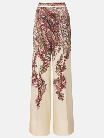 Exquise Asymmetrische Gedrukte Satijnen Top & Elastische Taille Wijde Broek Set