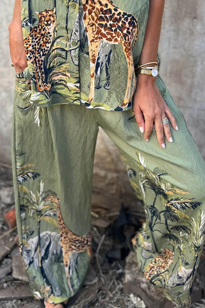Unieke Jungle Print Elastische Taille Zak Brede Pantalon