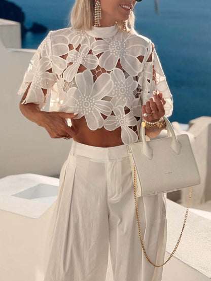 Exquise Bloemenkant Cutwork Crop Top & Wijde Broek Twee-delige Set
