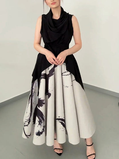 Elegante Abstracte Print Draped Midi Jurk Twee-delige Set