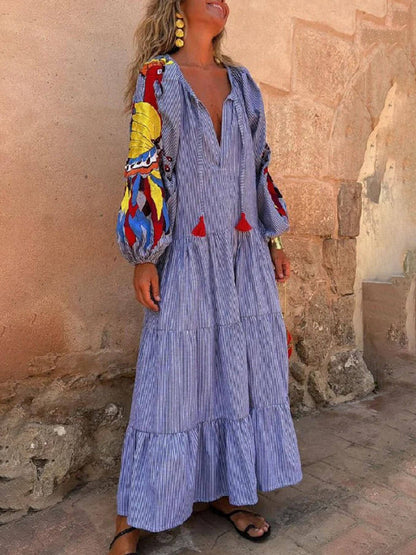 Uniek Pauwenpatroon Gestreepte Print Diepe V Losse Maxi Jurk
