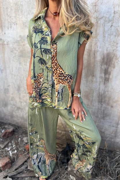 Unieke Jungle Print Elastische Taille Zak Brede Pantalon