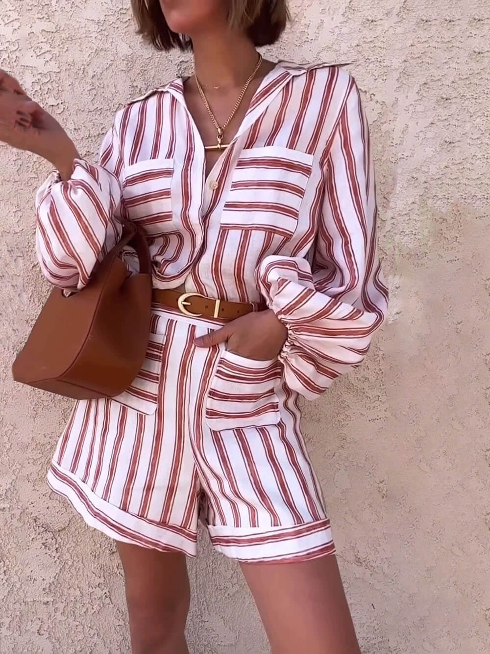 Klassieke Casual Gestreepte Print Losse Shirt En Shorts Set