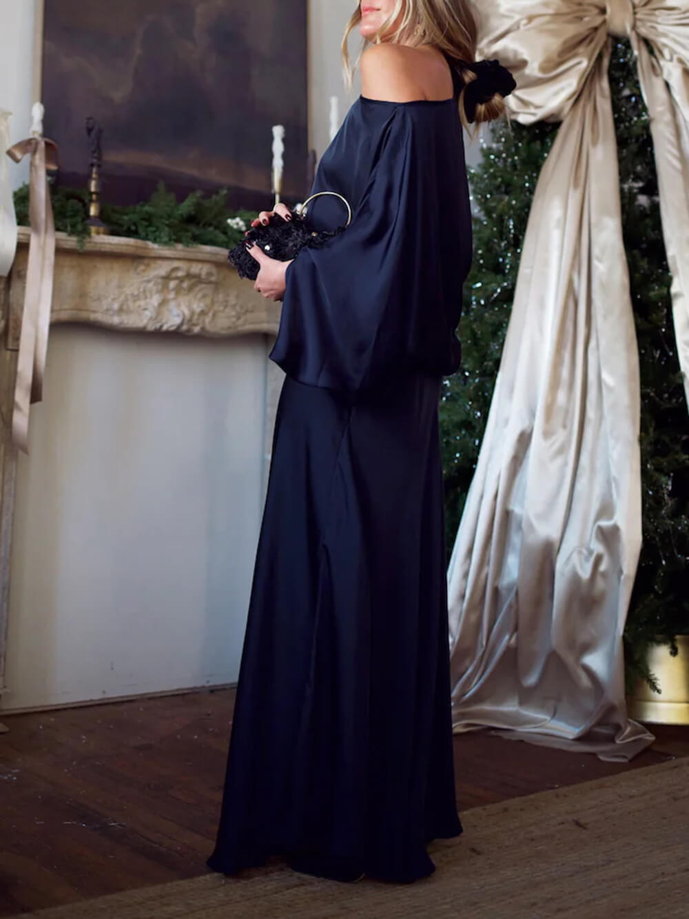 Exquise Satijnen Plissé Shirt en Hoge Taille Maxi Rok Set