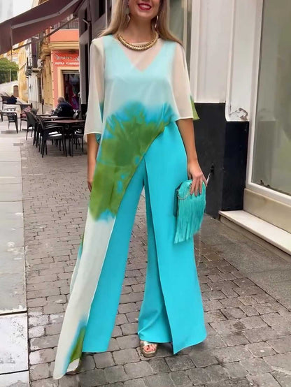 Abstract Waterverf Blauw Print Asymmetrische Twee-delige Set