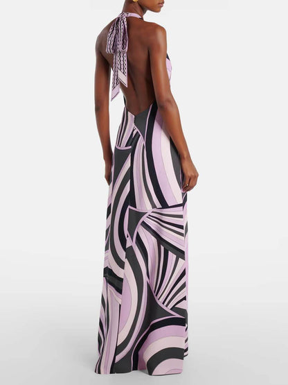 Exquise Satijnen Print Halter Rugloze Maxi Jurk
