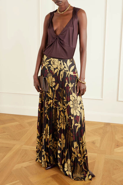 Elegante Satijnen Plissé Tanktop en Plissé Gedrukte Twill Rok Set