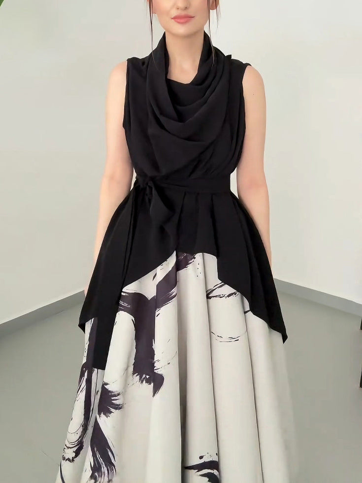 Elegante Abstracte Print Draped Midi Jurk Twee-delige Set