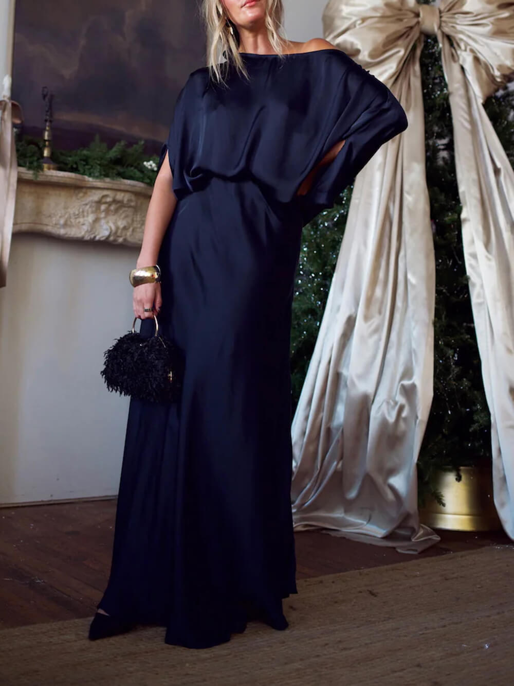 Exquise Satijnen Plissé Shirt en Hoge Taille Maxi Rok Set