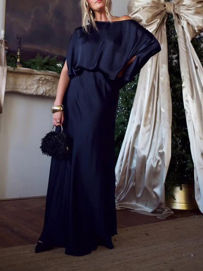 Exquise Satijnen Plissé Shirt en Hoge Taille Maxi Rok Set