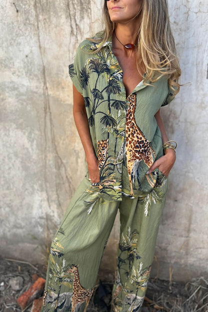 Unieke Jungle Print Elastische Taille Zak Brede Pantalon