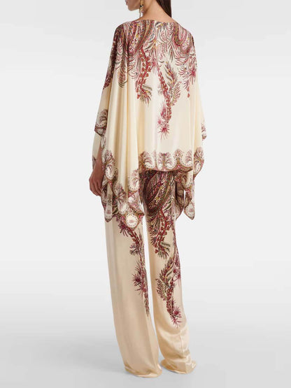 Exquise Asymmetrische Gedrukte Satijnen Top & Elastische Taille Wijde Broek Set