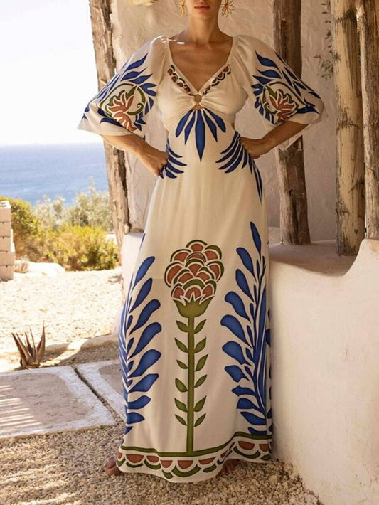 Elegante Bloemenprint Satijnen Maxi Jurk met Uitlopende Mouwen