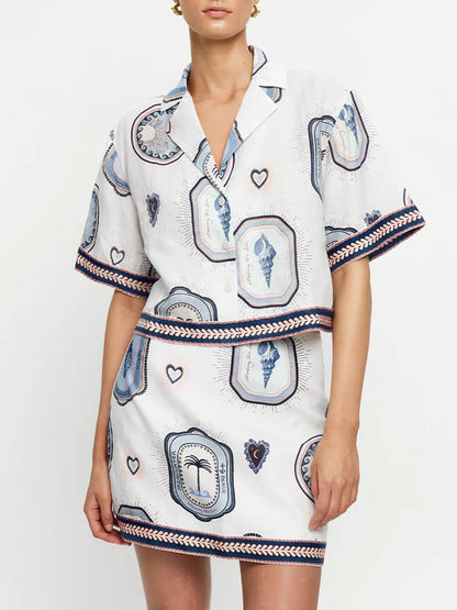 Retro Schelpprint Losse Top En A-Lijn Mini Rok Set