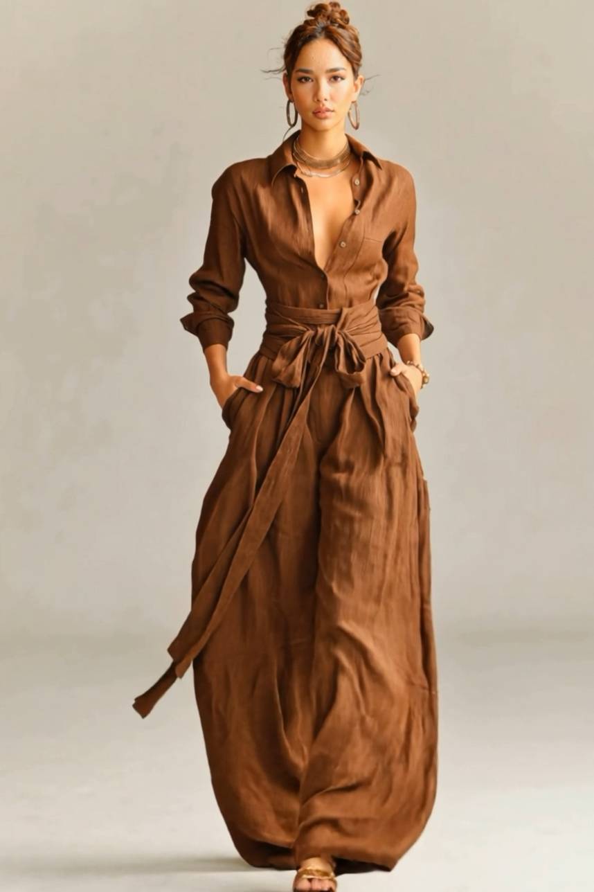 Minimalistische Shirt En Laced-Up Wijde Pantalon Set