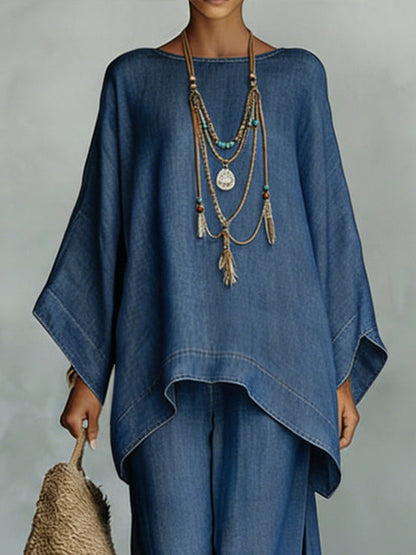 Casual Denim Batwing Asymmetrische Top & Wijde Broek Set
