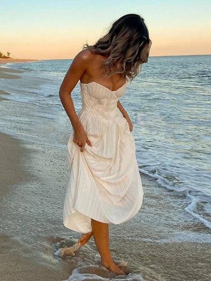 Elegante Plissé Strapless Maxi Jurk