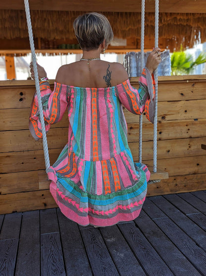 Linnenmix Etnische Print Off-Shoulder Los Mini Jurk