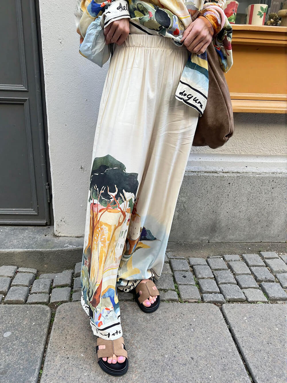 Moderne Unieke Satijnen Landschap Print Losse Oversized Shirt