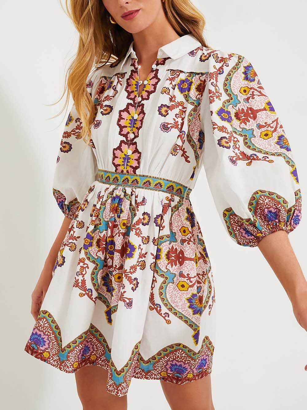 Unieke Gedrukte Puff Sleeve Pocket Shirt Mini Jurk