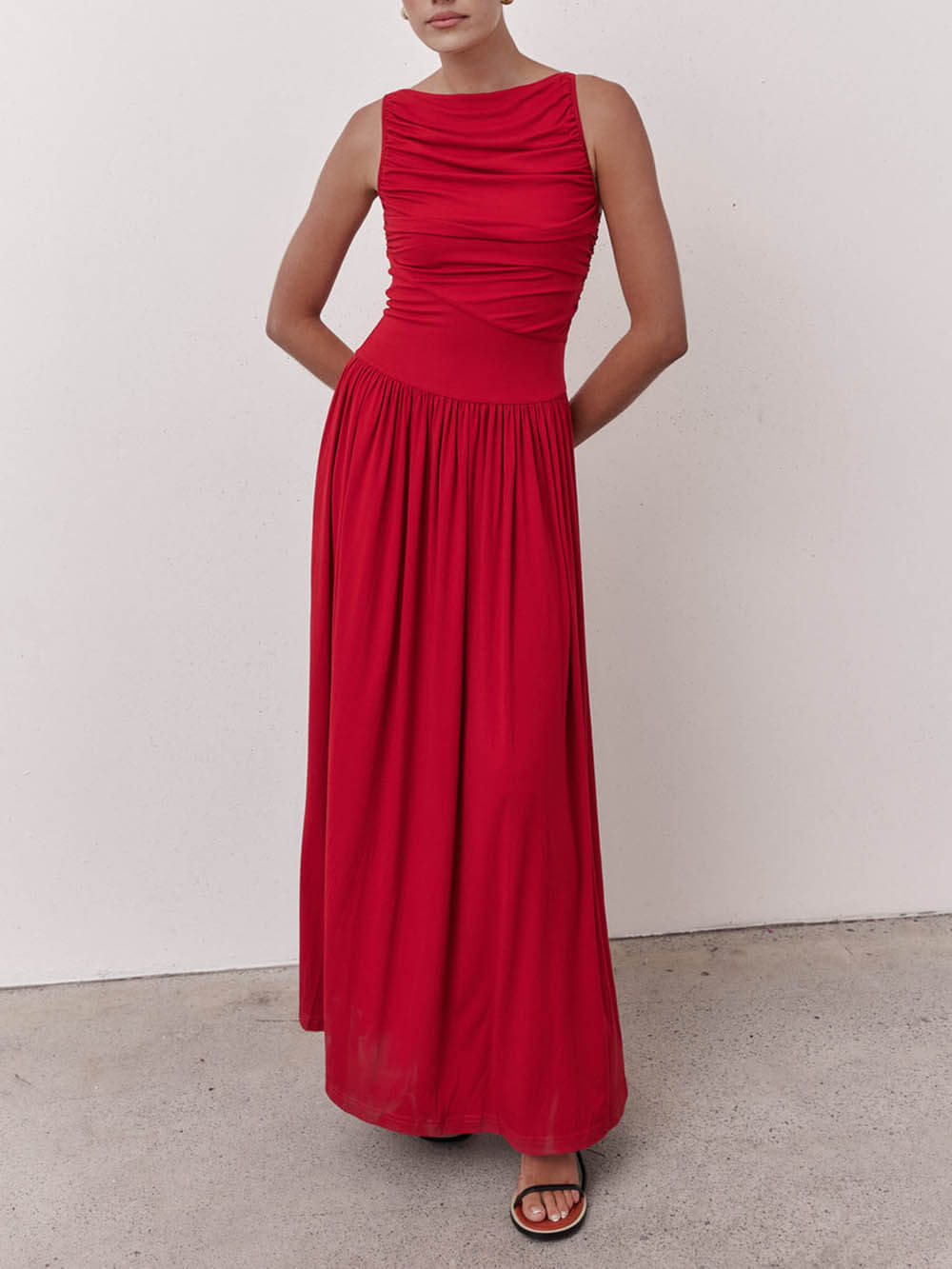 Elegante Plissé Mouwloze Maxi Jurk