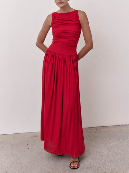 Elegante Plissé Mouwloze Maxi Jurk