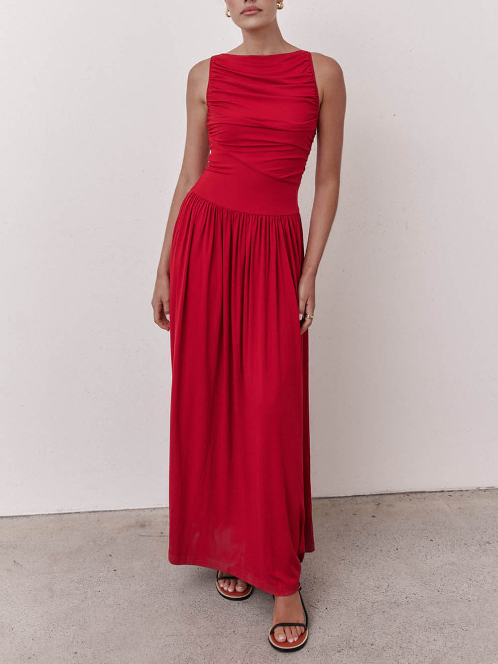 Elegante Plissé Mouwloze Maxi Jurk