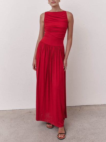 Elegante Plissé Mouwloze Maxi Jurk