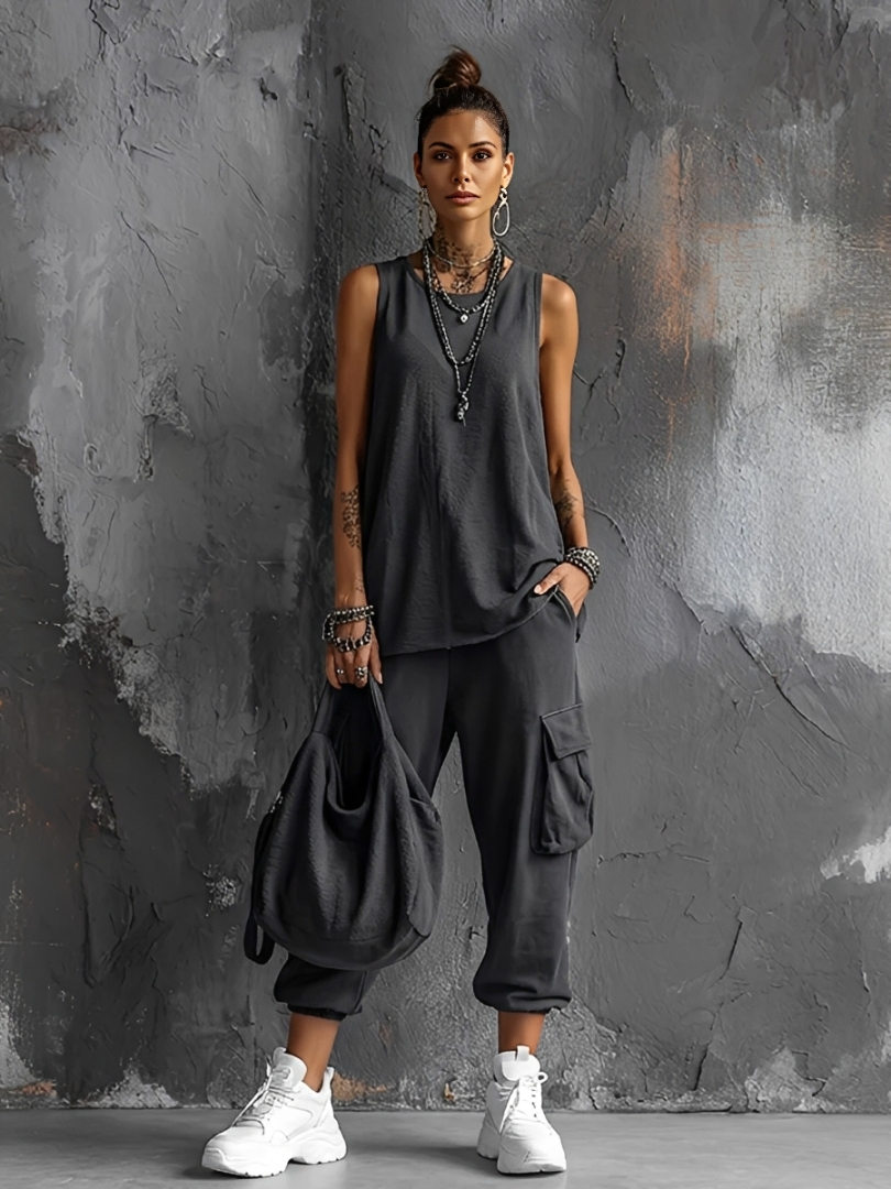 Dames Casual Stijl Donkergrijze Katoenmix Mouwloze Top + Jogger Cargo Broek Set MDZ2365D7GMJ