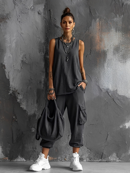Dames Casual Stijl Donkergrijze Katoenmix Mouwloze Top + Jogger Cargo Broek Set MDZ2365D7GMJ