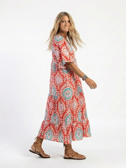 Zaria | Midi-jurk met paisleyprint en V-hals met korte mouwen