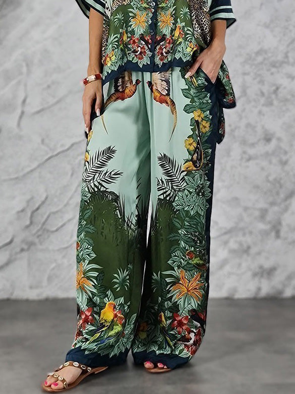 Exotische Jungle Print Batwing Mouw Shirt & Wijde Pantalon Set