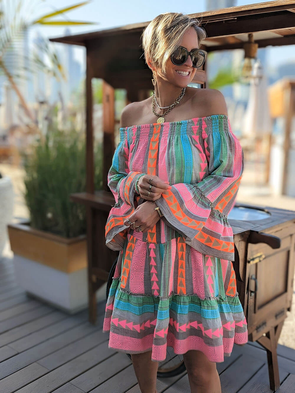 Linnenmix Etnische Print Off-Shoulder Los Mini Jurk