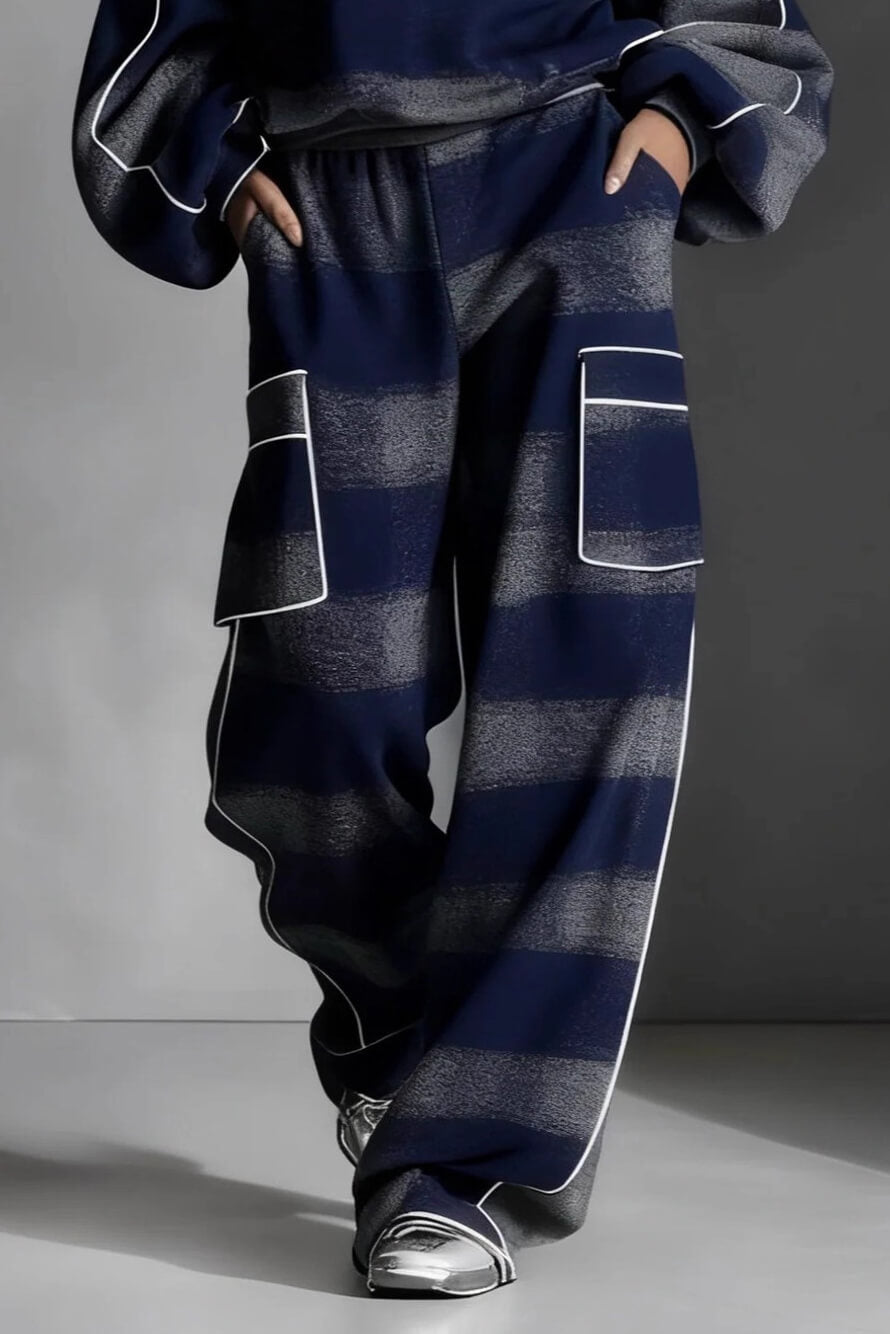 Mode Straatstijl Blauwe en Grijze Ruit Kleurblok Losse Top en Brede Pantalon Set