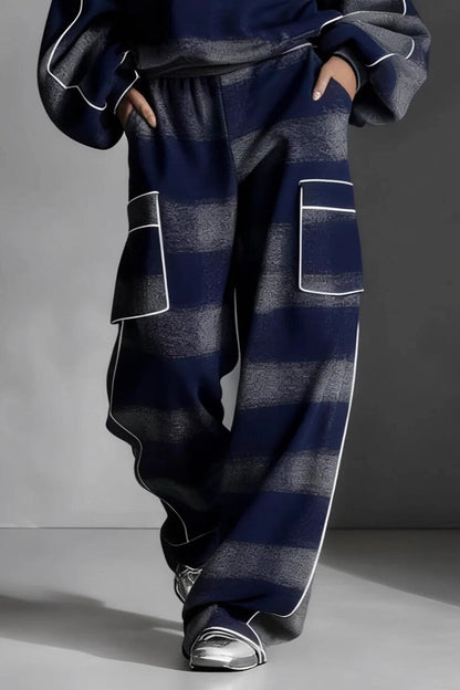 Mode Straatstijl Blauwe en Grijze Ruit Kleurblok Losse Top en Brede Pantalon Set